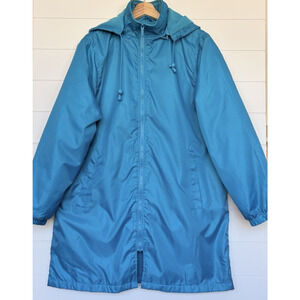 Totes Rain Jacket Mid Length Womens Medium Teal Blue Hooded Fleece Lined Coat